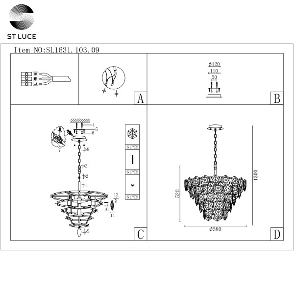SL1631.103.09 Люстра подвесная ST-Luce Хром/Прозрачный E14 9*40W VITERBO
