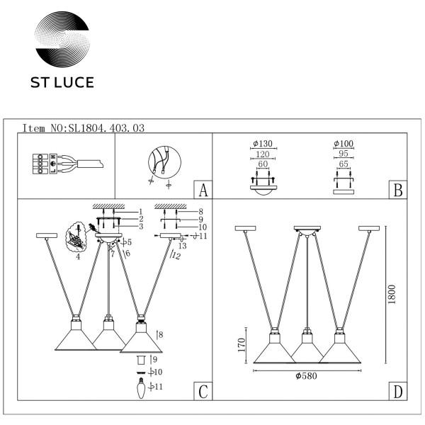 SL1804.403.03 Светильник подвесной ST-Luce Черный/Черный E14 3*60W SVEVO
