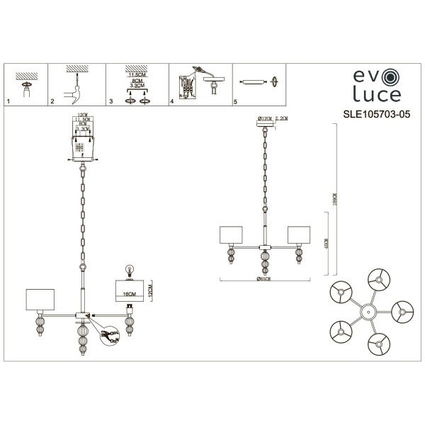 SLE105703-05 Светильник подвесной Хром/Светло-бежевый E14 5*40W RAMER