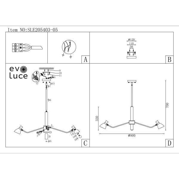 SLE205403-05 Светильник подвесной Черный, Латунь/Белый E14 5*60W LITA