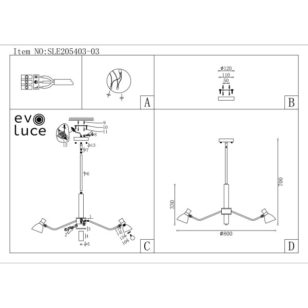 SLE205403-03 Светильник подвесной Черный, Латунь/Белый E14 3*60W LITA