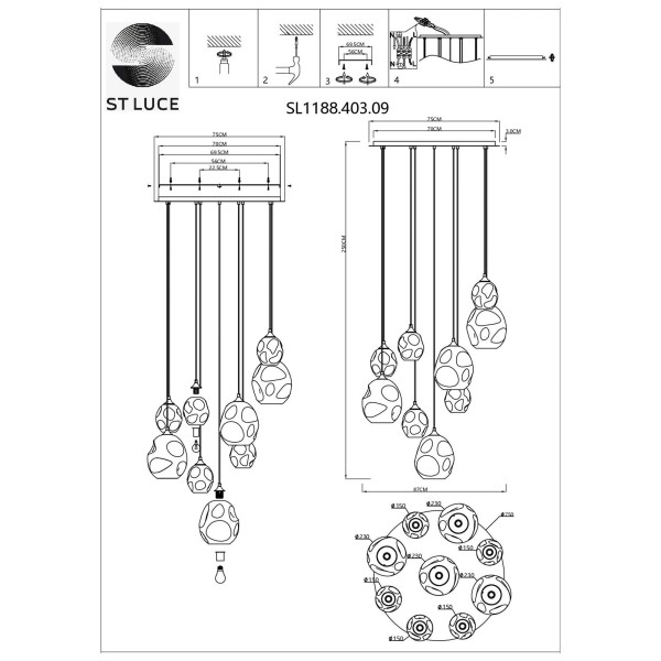 SL1188.403.09 Люстра подвесная ST-Luce Черный/Радужный E14/E27 5+4*40W IDESIA