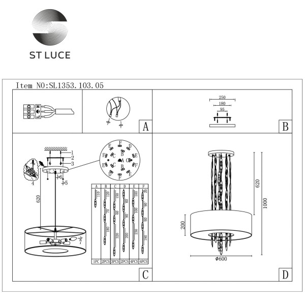 SL1353.103.05 Люстра подвесная ST-Luce Хром/Белый E14 5*60W NETTUNO