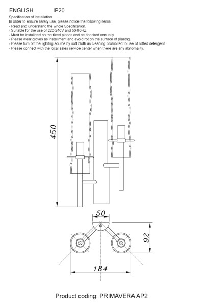 Бра Crystal Lux PRIMAVERA AP2 GOLD