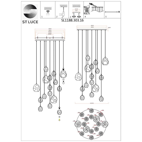 SL1188.303.16 Люстра подвесная ST-Luce Латунь/Коньячный E14/E27 12+4*40W IDESIA