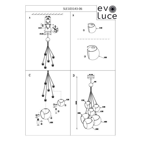 SLE103143-06 Светильник подвесной Черный/Белый E27 6*60W SATTURO