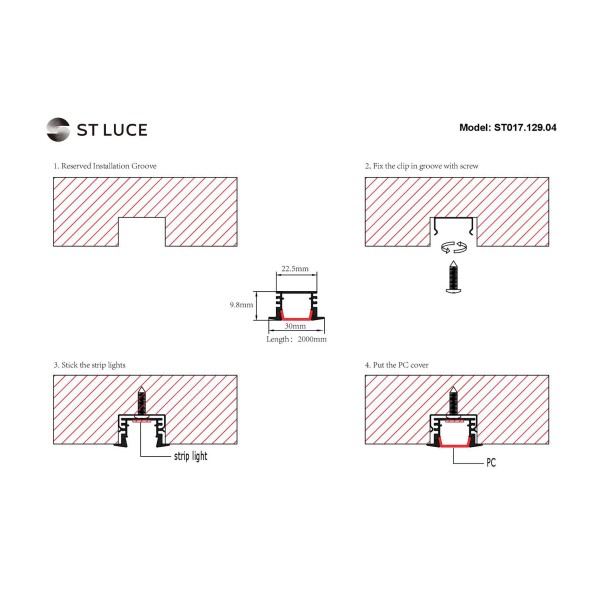 ST017.129.04 Встраиваемый алюминиевый профиль с рассеивателем(к-т: 2 загл.+4 креп.Скобы) ST-Luce Алю Светодиодные ленты