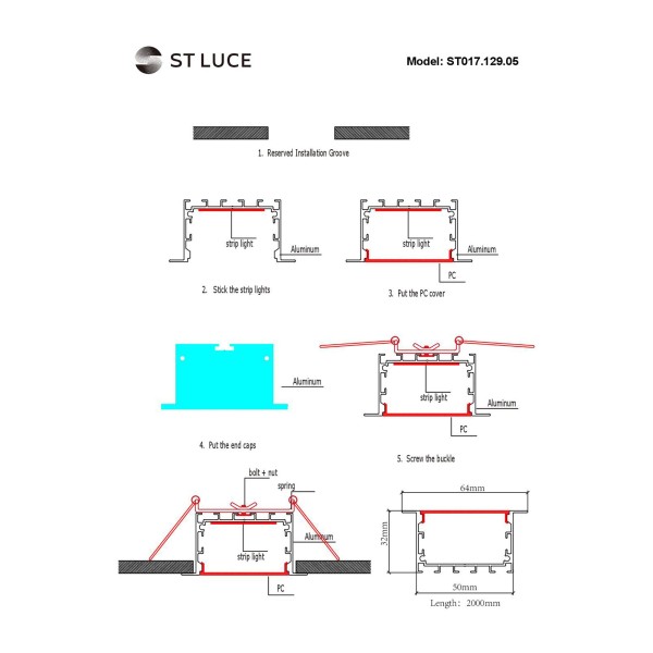ST017.129.05 Встраиваемый алюминиевый профиль с рассеивателем(к-т: 2 загл) ST-Luce Алюминий анодиров Светодиодные ленты