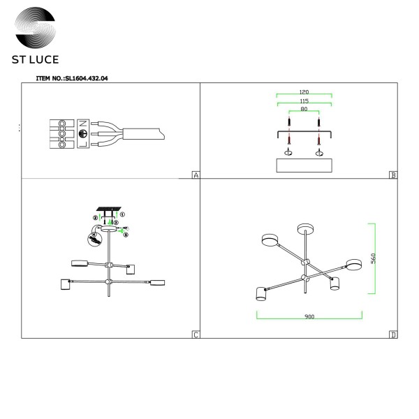 SL1604.432.04 Светильник потолочный ST-Luce Черный, Латунь/Черный LED 4*5W 3000K RODRIGO